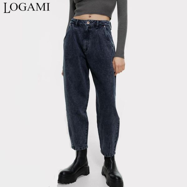 

women's jeans logami high waist women streetwear pleated mom woman loose pockets boyfriend pants casual ladies denim trousers, Blue