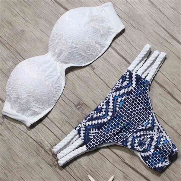 Sexy Solid Bikini Patchwork Badeanzug Frauen Spitze Scallop Edge Bandeau Set Bademode Weibliche Sommer Badeanzüge 210722