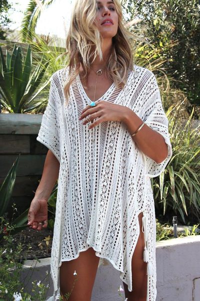 

women's swimwear beach cover up bikini crochet knitted tassel tie beachwear summer swimsuit see-through dress, White;black