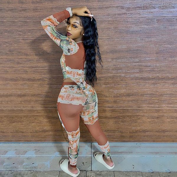 

vintage print matching sets club outfit for women 2 piece set long sleeve bodysuit and leggings costume d87-dg29, White