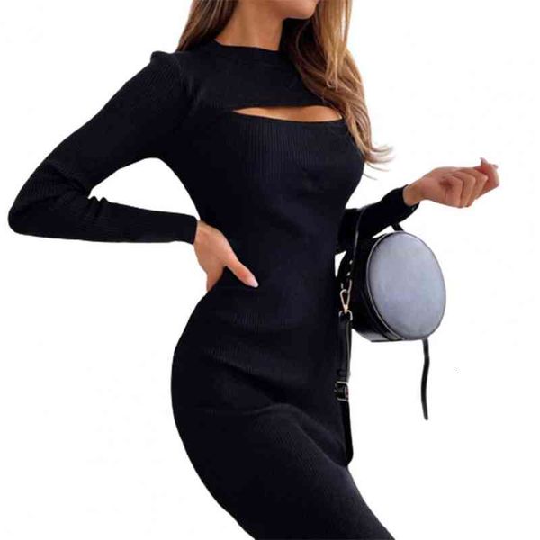 

dress women women o neck chest hollow out split hem long sleeve knit knee-length dress summer vestidos, Black;gray