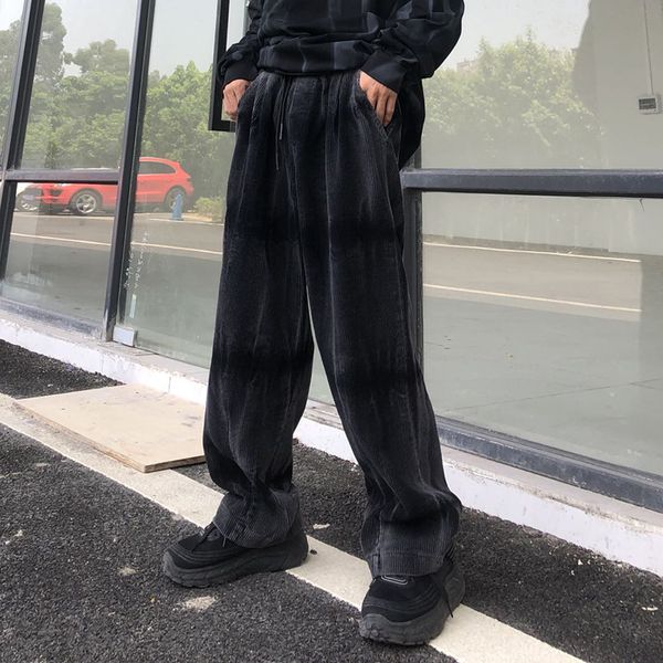 

2021 new high street corduroy retro tie-dye gradient casual mens loose straight wide-leg trousers hip hop drawstring track pants yh8y, Black
