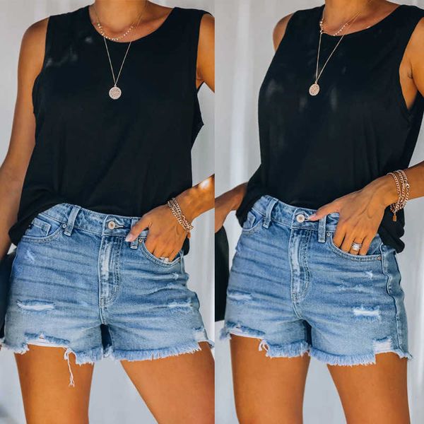 

fashion 2021 summer hole tassel denim shorts, Blue