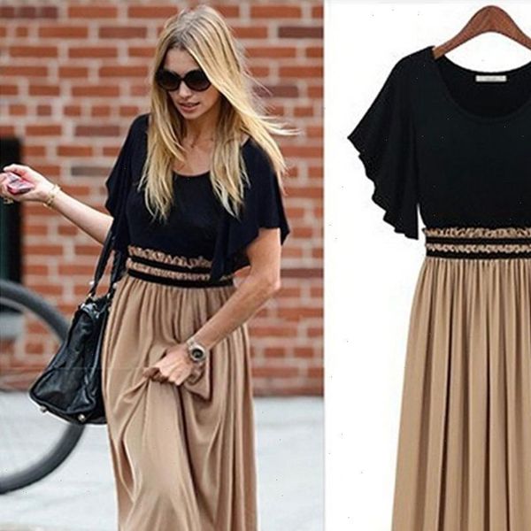 

2021 fashion 2pcs new women summer office casual high waist ruffles round neck pleated short sleeve long dress set, Black;gray