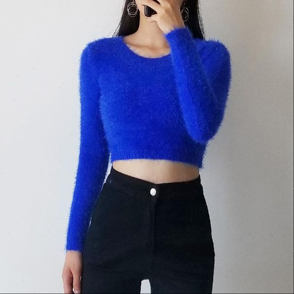

women sweaters winter o neck long sleeve furry casual warm sweater popular ladies solid color cropped pullover clothes, White;black