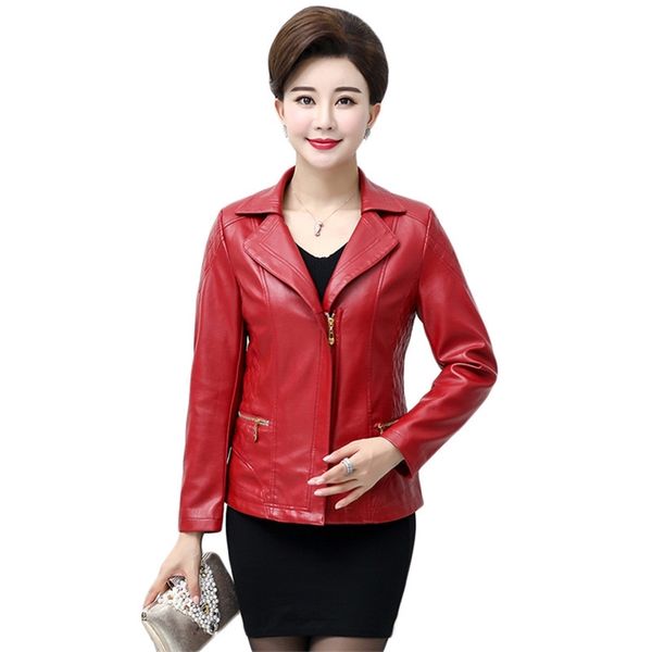 

faux leather jacket women red black l-5xl plus size spring autumn mom short slim zipper pockets pu coats feminina lr787 210531