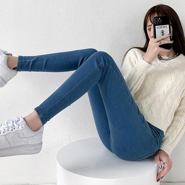 

women's jeans 2021 pencil pants women high waist stretch denim fashion cotton slim button retro washed skinny trousers, Blue