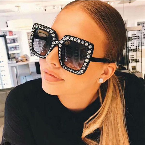 

sunglasses oversize rhinestone luxury for women square shades fashion retro black, White;black