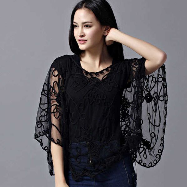 Camisa de Rendas Chiffon das Mulheres Blusas Moda Solta Blusa Oco Lace Batwing Sleeve Camisa Mulheres Cardigan Top 803J 37 210528