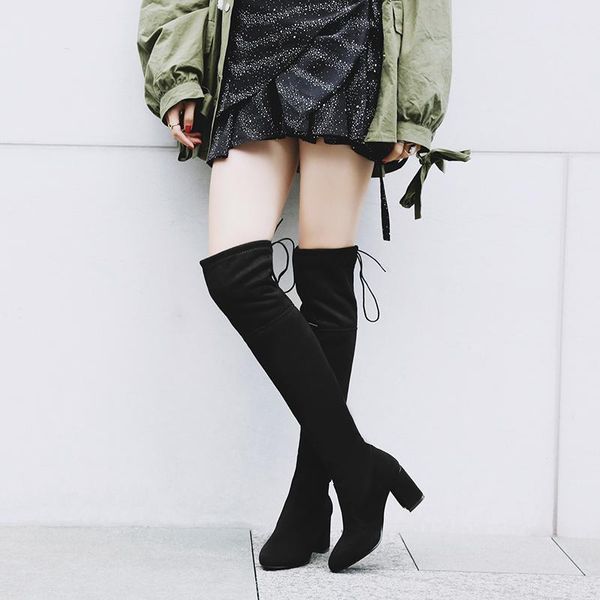 

boots european and american over knee pure color elastic with pointed head thick heel in autumn winter of 2021, Black