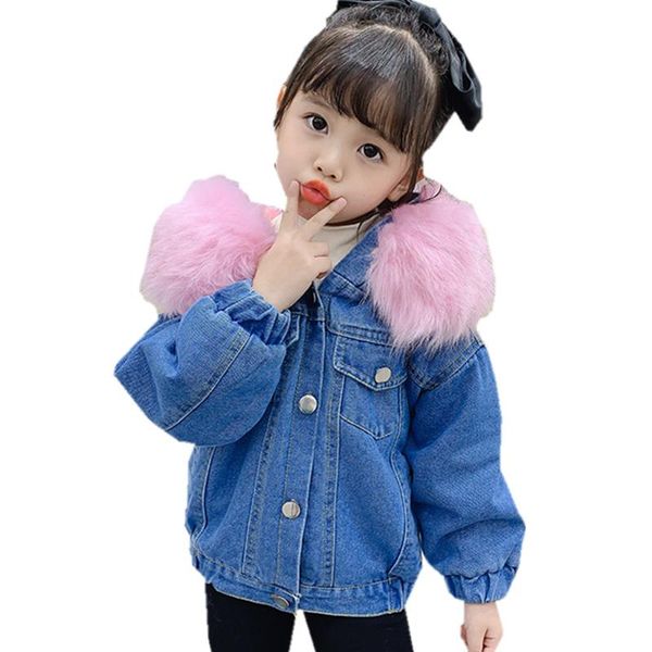 

toddler denim jacket warm real fur hood collar coat for girls clothes 2021 winter outerwear thick infant clothing parka 2-7years, Blue;gray