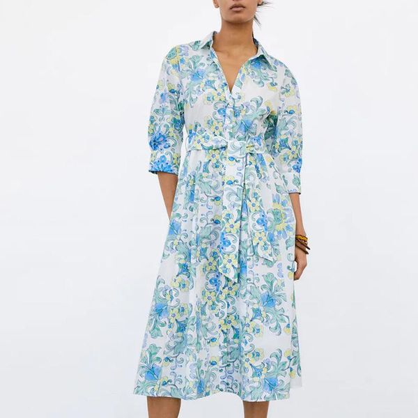 

casual dresses fashion printed prairie chic midi women elegant tie belt dress three quarter ladies, Black;gray