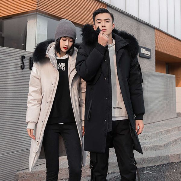 

2020 new korean slim and thickened down jacket men's mid length over knee winter couple parka jacket fashion, Black