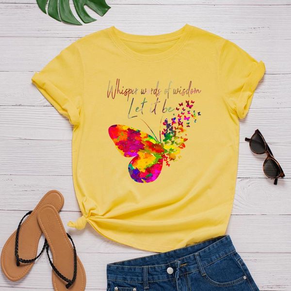

women's t-shirt 2021summer women cotton plus size s-5xl colorful butterfly letter print shirt casual o neck short sleeve tee shirts, White