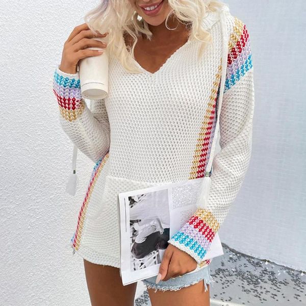 

women's sweaters v-neck long sleeve casual knitted pullover women patchwork hooded pocket sweater streetwear, White;black