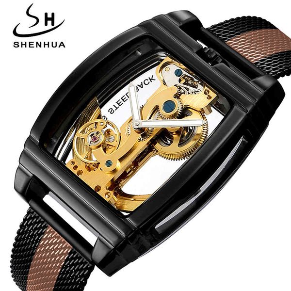 

new luxury automatic mechanical watches men's tours transparent steampunk skeleton rvs self winding clock, Slivery;brown
