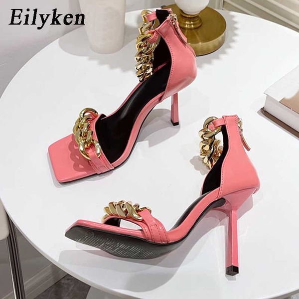 

2022 classic luxury metal decoration chain heel party women's sandals square toe narrow ankle strap high heels summer women shoes paris, Black