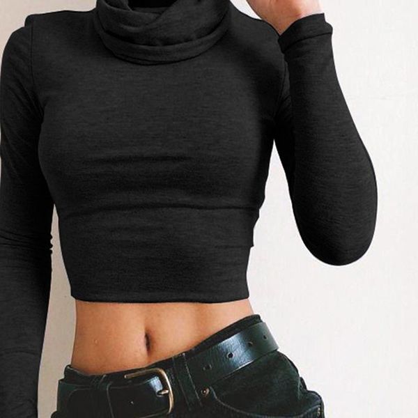 

new t shirt women long sleeve turtleneck casual slim crop solid shirt skinny clubwear short 2021, White