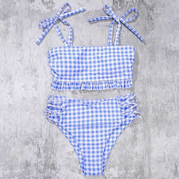 

factoryazowbinding blue plaid 2021 bikini high new waist split swimsuit, White;black