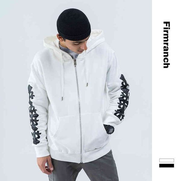 

firmrich men's women's hooded sweatshirt, heart training jacket, pu cross decal, hip hop jacket, Black