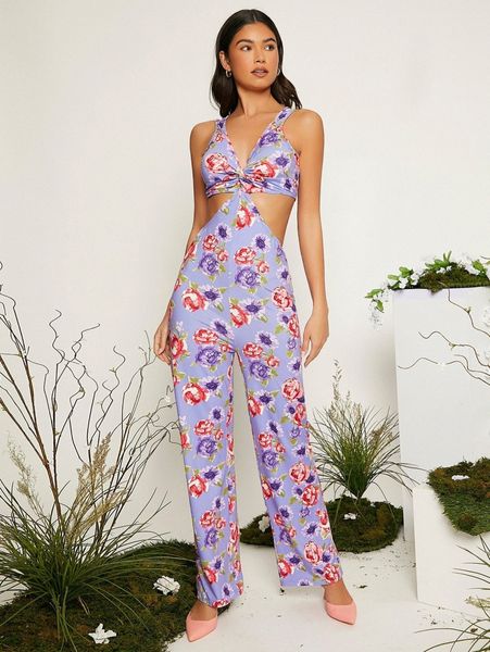 

twist front cutout waist floral jumpsuit p8kl#, White