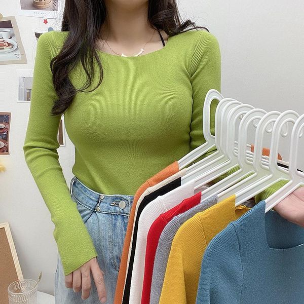 

women's sweaters women knitted square collar full sleeve basic pullovers female soft elastic sweater for autumn real pos, White;black