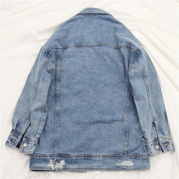 

harajuku mid frayed hole denim coat female spring autumn loose long sleeve jeans jacket women vintage wash outerwear 5uca, Black;brown