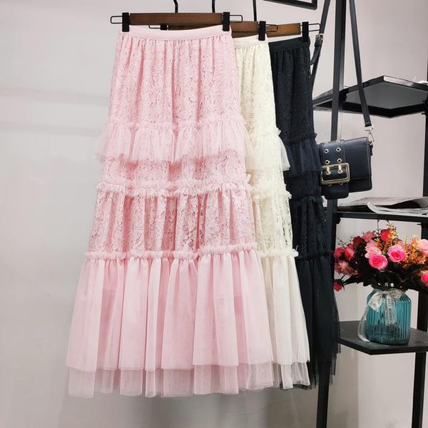 

skirts 1218 skirt female 2021 retro high waist lace stitching mesh, Black