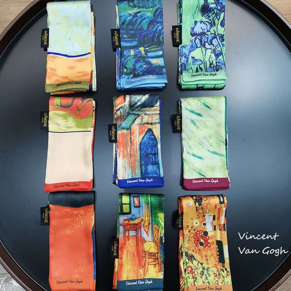 

van gogh oil painting twill silk women neckerchief skinny scarf bag ribbons female neck tie head scarves wraps for ladies, Blue;gray