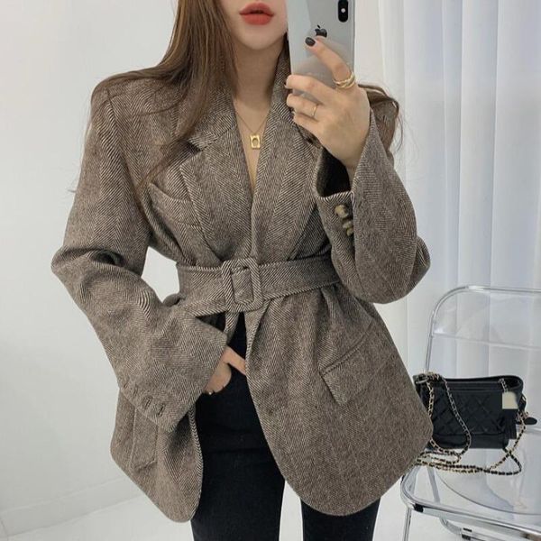 

women's wool & blends 2021 spring and autumn korean chic temperament herringbone bandage waist quilted suit woolen jacket women, Black