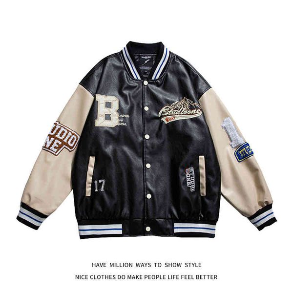 

new arrival letterman full embroid pu leather motorcycle jacket men oversize bomber women baseball varsity coat street, Black;brown