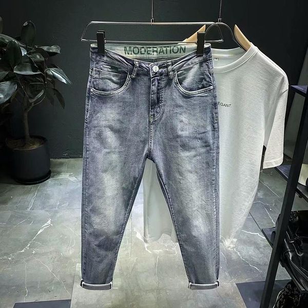 

men's jeans high-end spring and summer style ripped pants korean micro-loose stretch slim-fitting harem for men, Blue