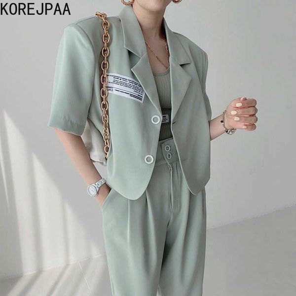 

korejpaa women set summer korean temperament lapel letter patch two button suit jacket high waist straight casual trousers 210526, White