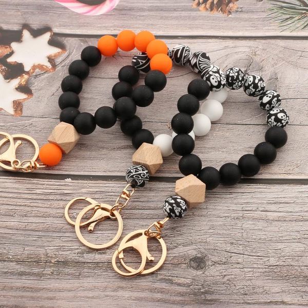 

beaded, strands latest silicone beads bangles key rings elastic bracelets cute skull beech multifunctional wrist keychain for women, Black