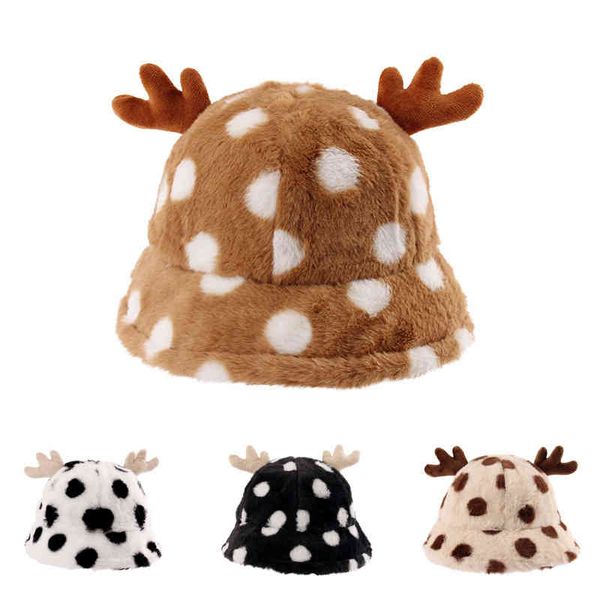 

autumn and winter new spotted antler fisherman hat women's printed fashion plush thickened warm basin hat, Blue;gray
