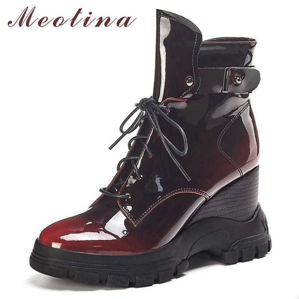 

meotina winter ankle boots women natural genuine leather buckle wedge heel short boots zip super high heel shoes lady fall 34-39 210608, Black