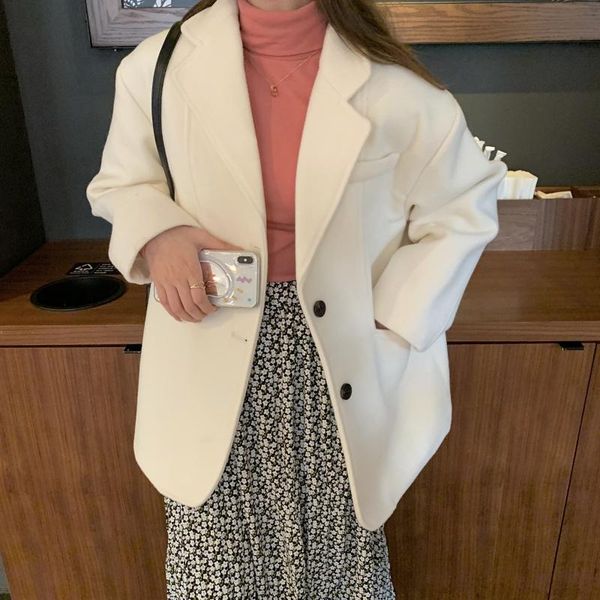 

women's wool & blends coat female 2021 autumn and winter small temperament warm long sleeved suit loose woolen cardigan, Black