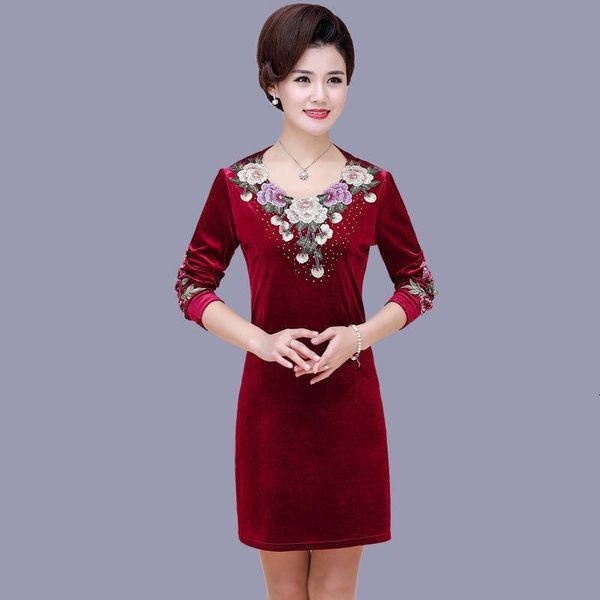 

female 2021 spring embroidered dress of gold velvet long sleeve the neck elegant ladies plus size midi dressed d3 p76o, Black;gray