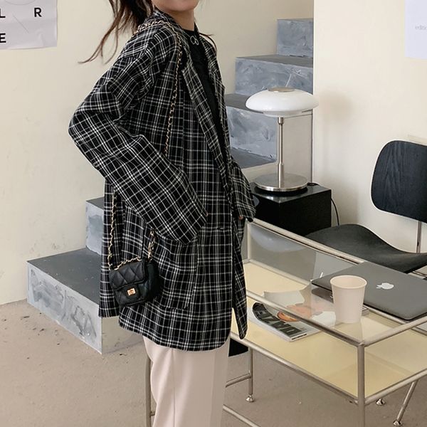 

plaid blazers woman jacket long coat casual 2021 spring autumn pockets fashion korean style clothes long sleeve, Black;brown