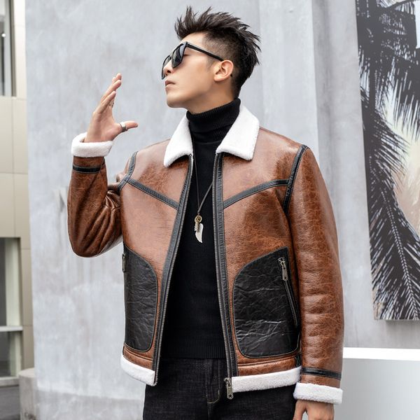 

winter wool fur jackets men real leather coat windbreaker genuine sheepskin jacket with fur collar thickening warm outerwear overcoat plus s, Black