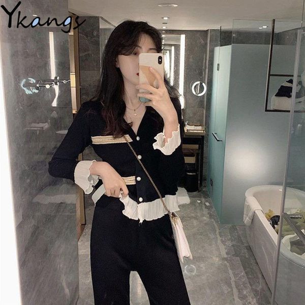 

2021 women elegant sweater two piece knitted pants sets v-neck tassel ruffle splicing coat korean spring autumn fashion suit female 0h9p, Gray