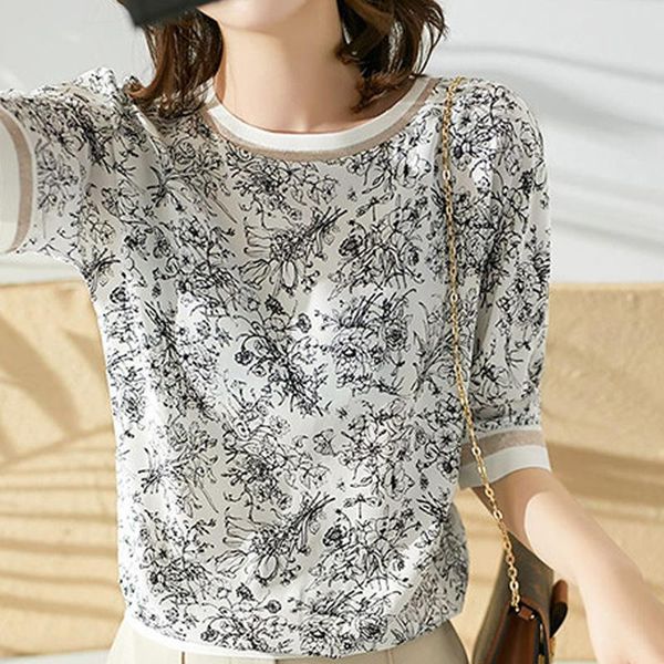 

women's blouses & shirts alien kitty chiffon print t-shirts mid-sleeve summer lady 2021 loose chinese style tees ink chic printed, White