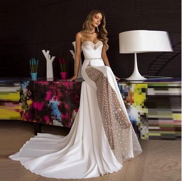 Popular branco querida sereia vestidos de casamento 2021 ilusão sexy longo país boho praia vestido de noiva vestidos de cristal faixa de cristal vestidos