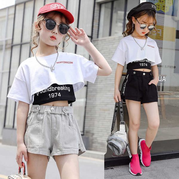

summer fashion girls clothes three-piece sets sweatshirt short t-shirt skinny vest shorts letters printed 3-13 years girls suits x0902, White