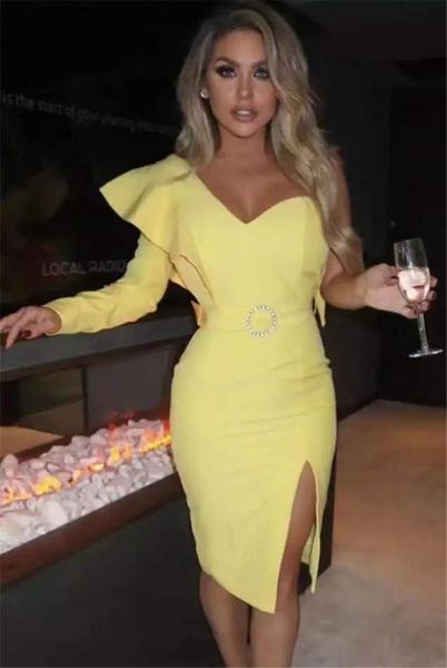

casual dresses women autumn style yellow one shoulder full sleeves sashes knee length bandage dress 2021 elegant evening party, Black;gray