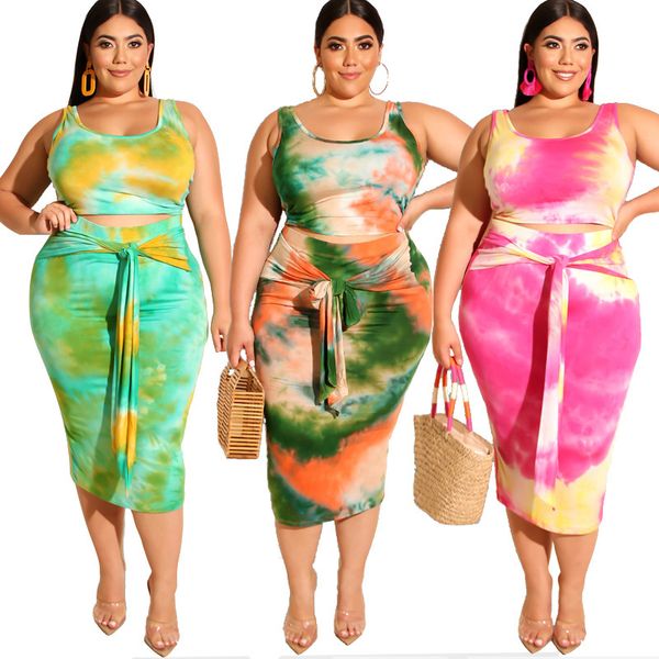 

2021 summer women two outfits prairie chic style new tie-dye printed tight-fitting bag hips fashion 2 piece set plus size 0mgk, White