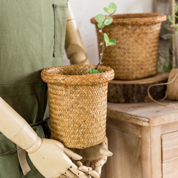 

storage baskets pastoral hand-woven basket straw flower pot rattan laundry plant container household vase decoration