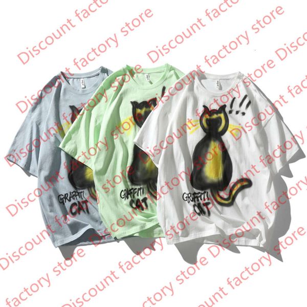 

chinese style men's hand painted cartoon cat cartoon leisure t-shirt youth 2021 summer new loose short sleeve men's shirt, White;black