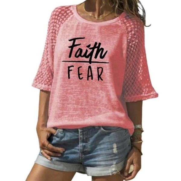 

women's t-shirt lace o-neck faith letters print 3/4 sleeve for women harajuku cute fashion summer, White