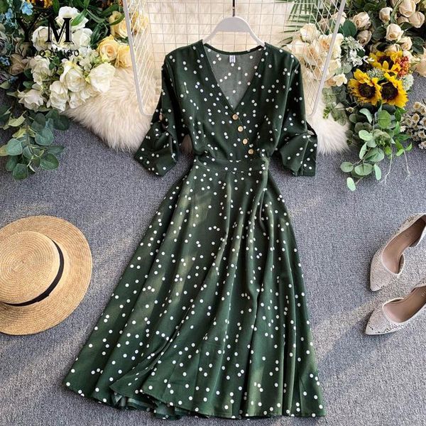 

casual dresses yuoomuoo vintage autumn v neck polka dot print dress women elegant a line midi korean fashion long sleeve vestido, Black;gray